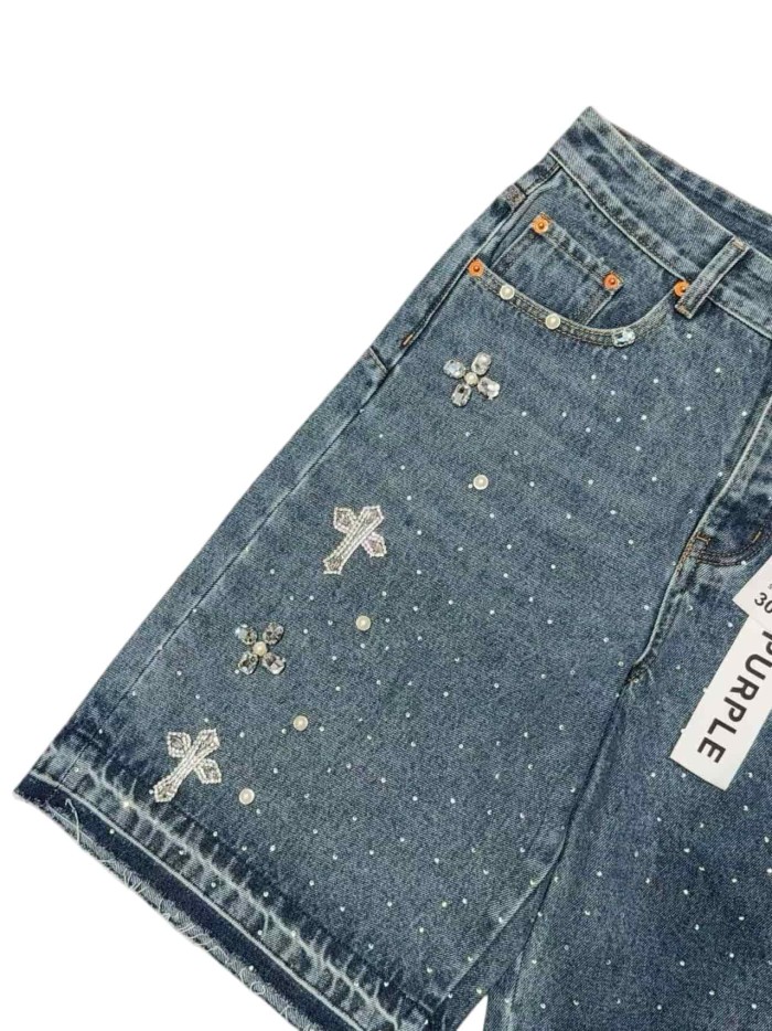 1:1 quality version Heavy Craft Cross Rhinestone Frayed Denim Shorts 28972583