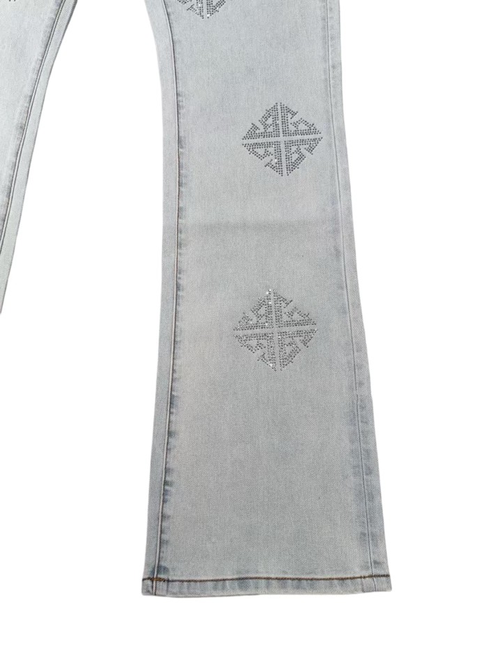 1:1 quality version Rhombus Geometry Hot Drilling Slightly Flared Jeans 3 colors 28972577