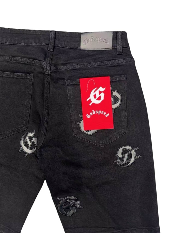 1:1 quality version Leather G Logo Embroidered Frayed Edge Washed Denim Shorts 3 colors 28972576