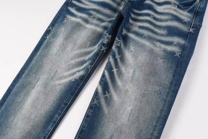 1:1 quality version  Star Rhinestone Cross Pattern Stacked Washed Jeans 28972585
