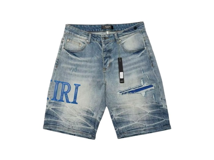1:1 quality version Blue Leather Logo Patch Denim Shorts 28972419