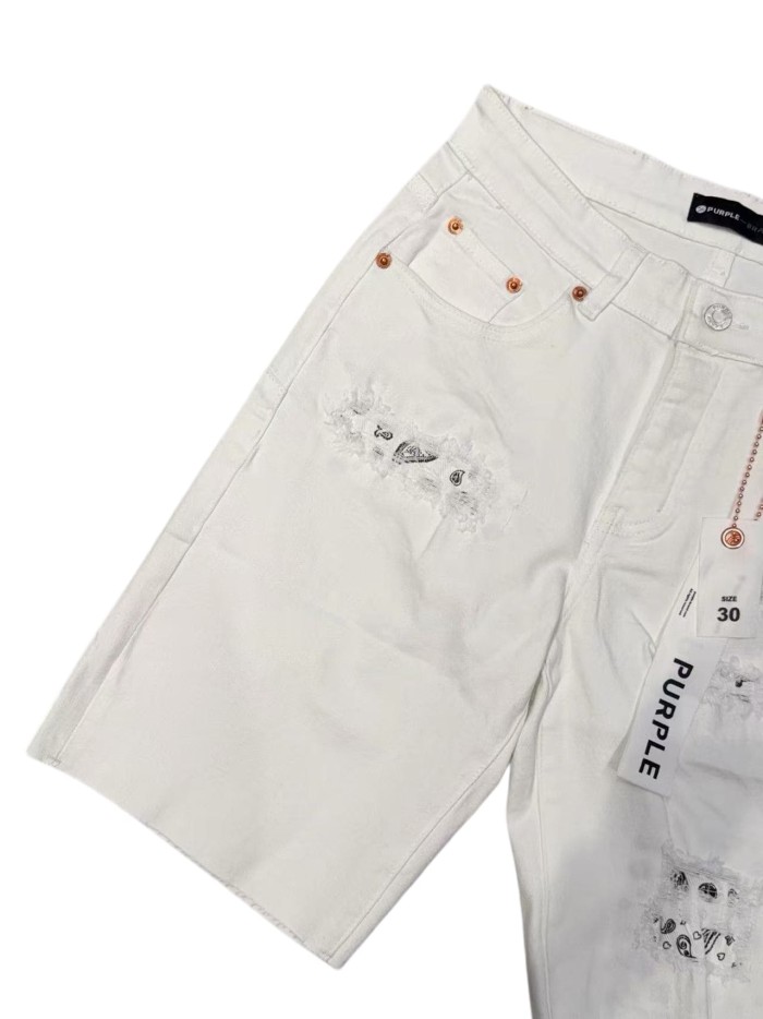 1:1 quality version Ripped Paisley White Denim Shorts 28972580