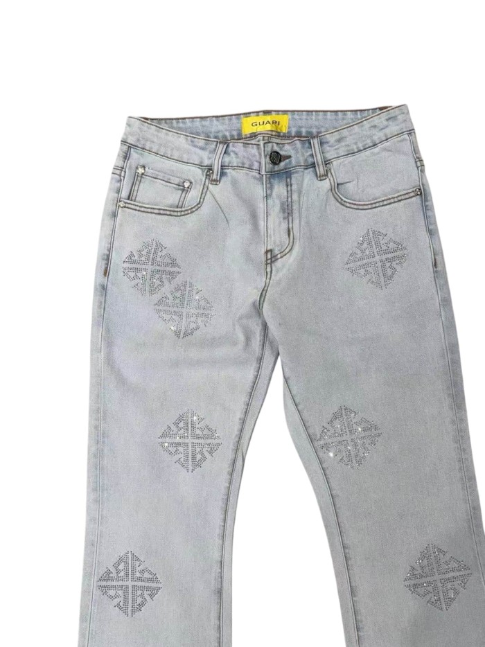 1:1 quality version Rhombus Geometry Hot Drilling Slightly Flared Jeans 3 colors 28972577