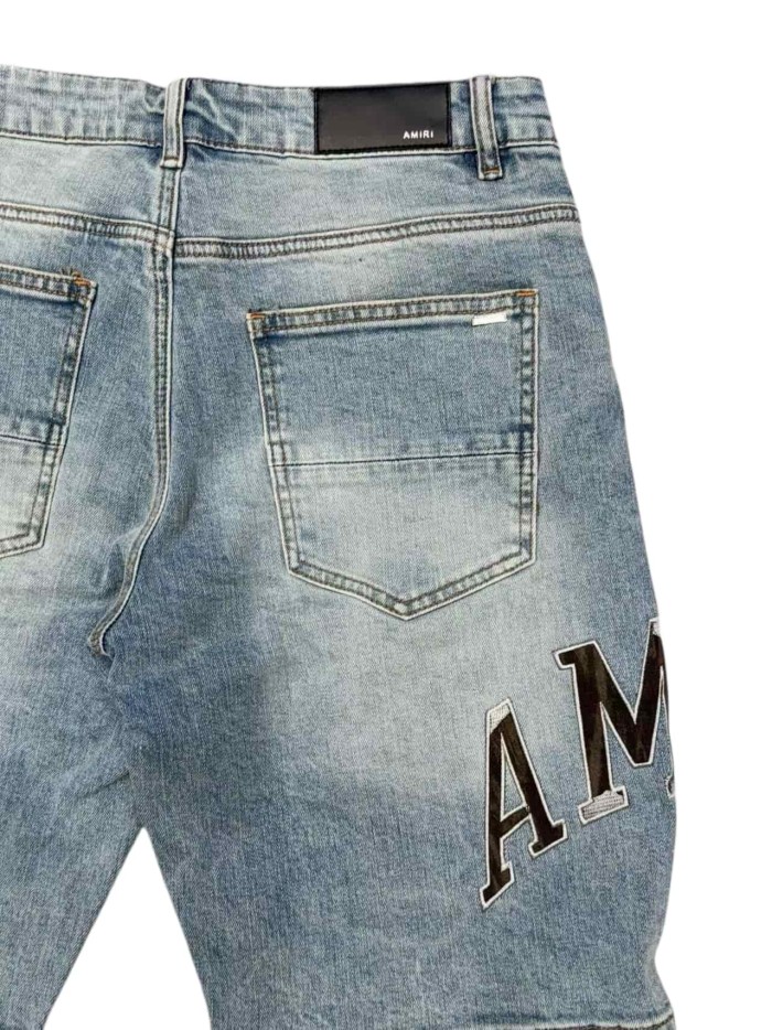 1:1 quality version Black Gray Logo Embroidered Ripped Denim Shorts 28972418