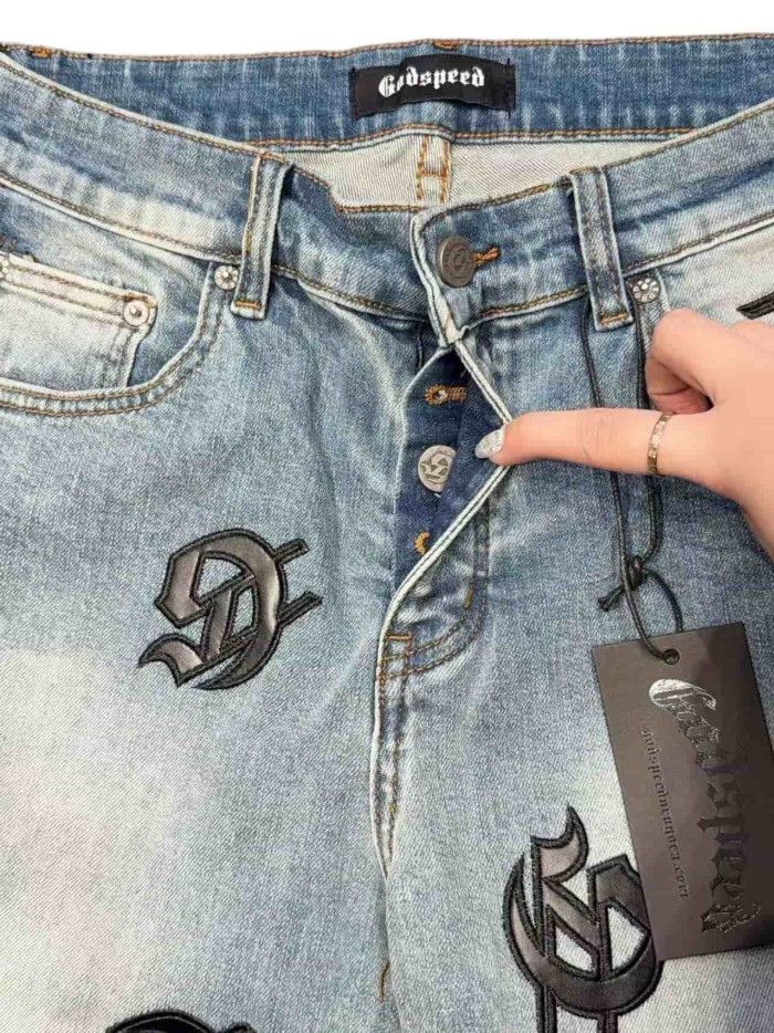 1:1 quality version Leather G Logo Embroidered Frayed Edge Washed Denim Shorts 3 colors 28972576