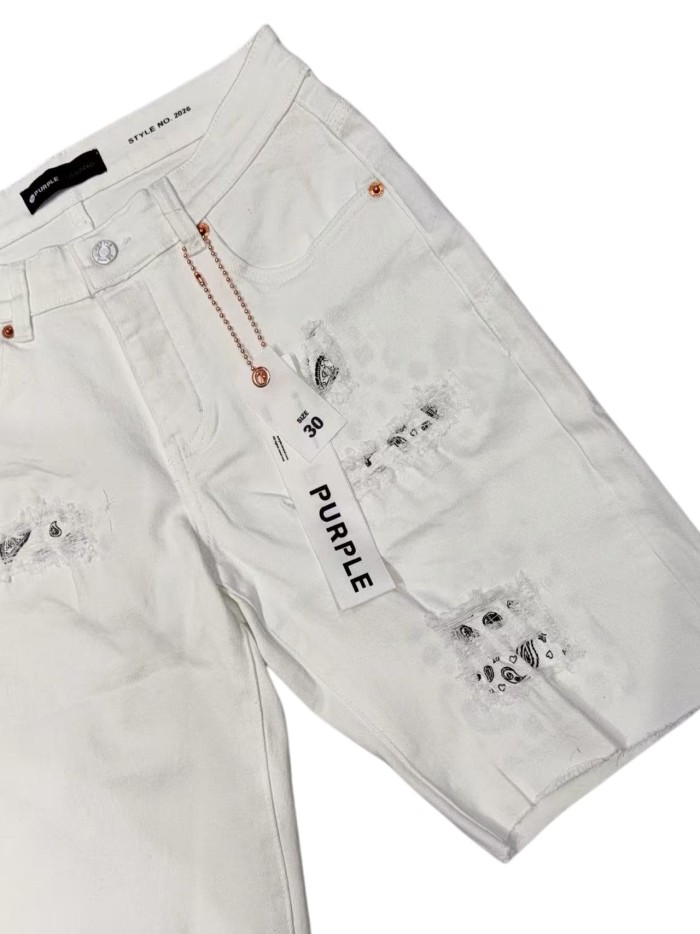 1:1 quality version Ripped Paisley White Denim Shorts 28972580