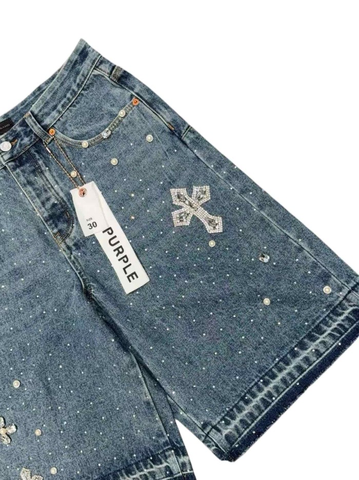 1:1 quality version Heavy Craft Cross Rhinestone Frayed Denim Shorts 28972583