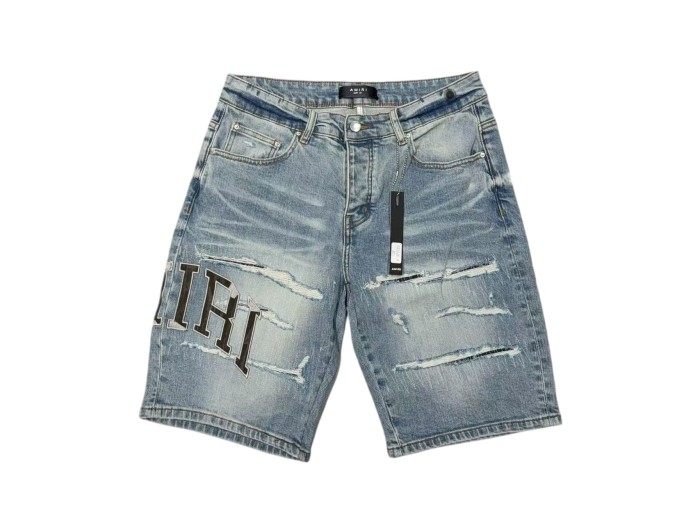 1:1 quality version Black Gray Logo Embroidered Ripped Denim Shorts 28972418