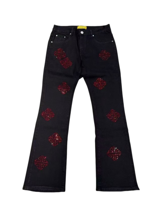 1:1 quality version Rhombus Geometry Hot Drilling Slightly Flared Jeans 3 colors 28972577