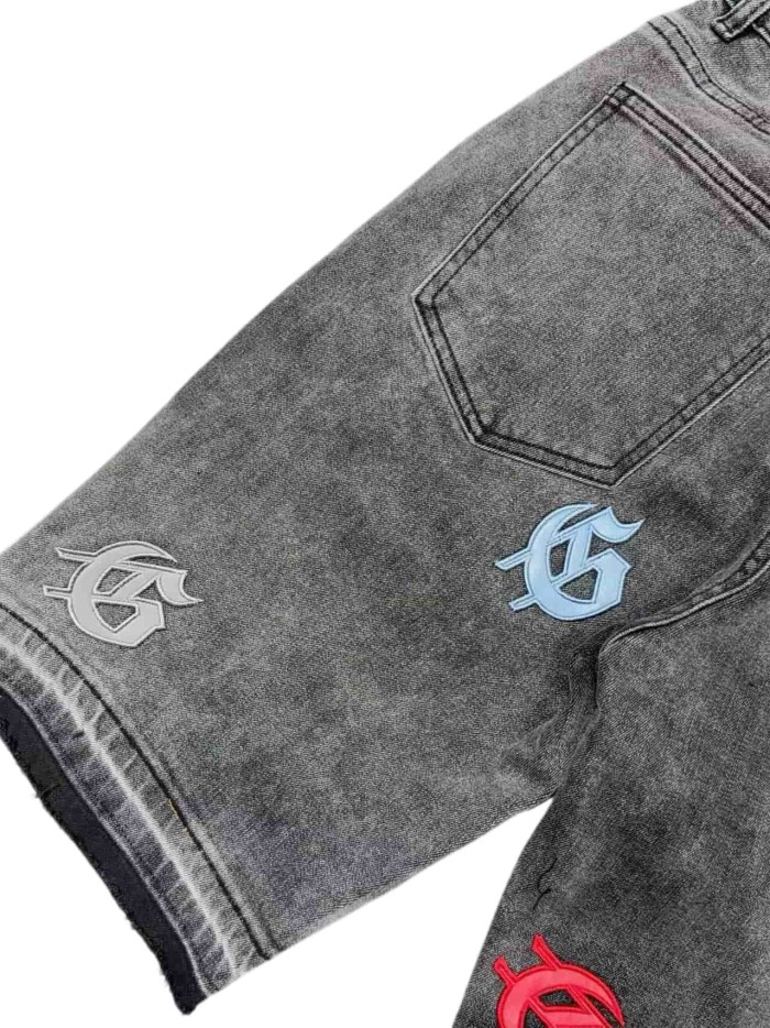 1:1 quality version Leather G Logo Embroidered Frayed Edge Washed Denim Shorts 3 colors 28972576