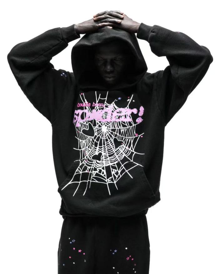 [Big & Tall for weights up to 220 lbs]1:1 quality version Pink Letters and White Mesh Black Print Hoodie & Pants Set 28971642