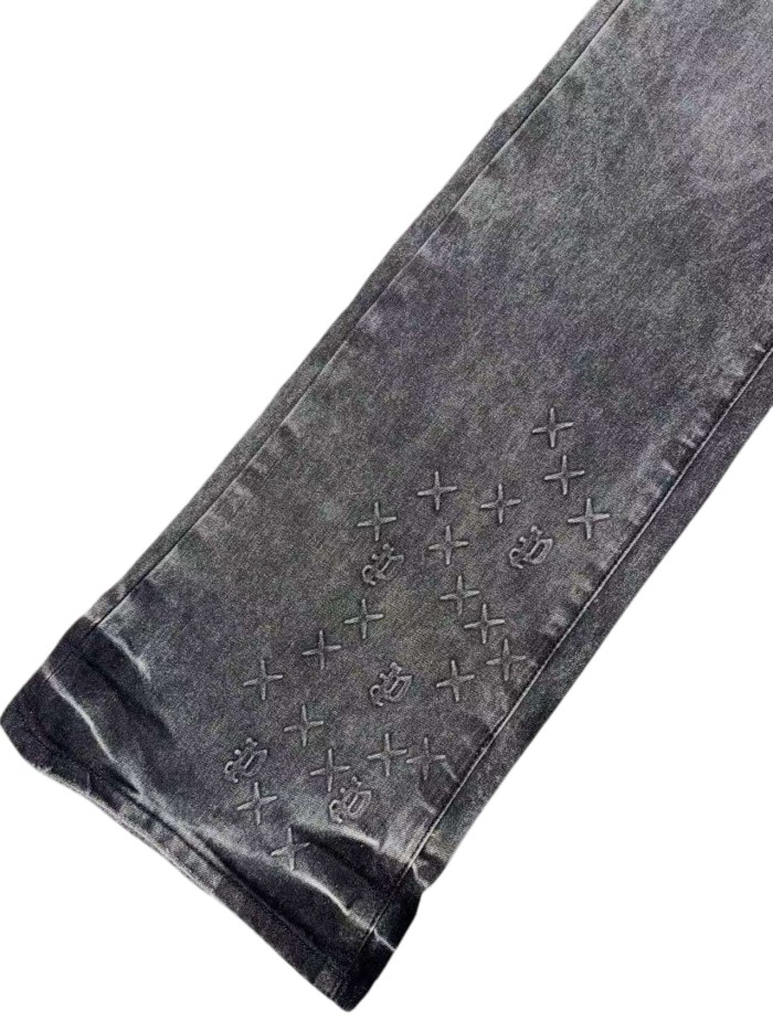 1:1 quality version Ash Gray Cross Pattern Embroidered Slightly Flared Jeans 28972587
