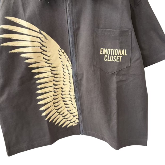 Wing Print Zip-Up Shirt Zip-Up Brown Cotton Oversized Shirt 2 colors 28977953
