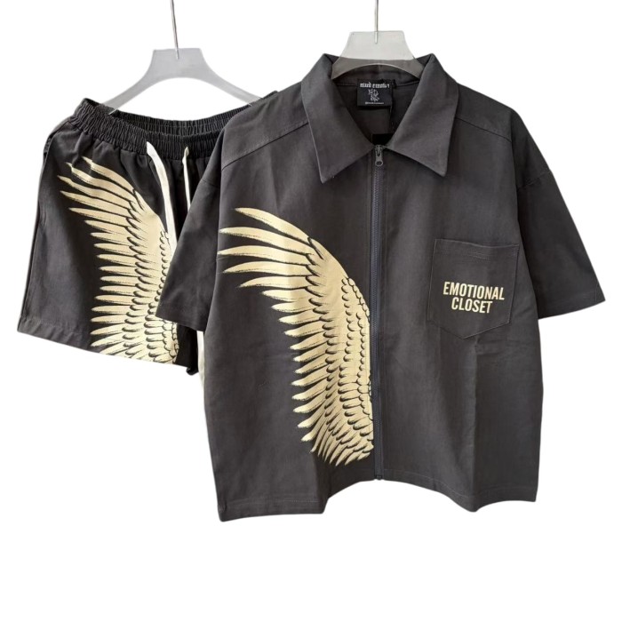 Wing Print Zip-Up Shirt Zip-Up Brown Cotton Oversized Shirt 2 colors 28977953