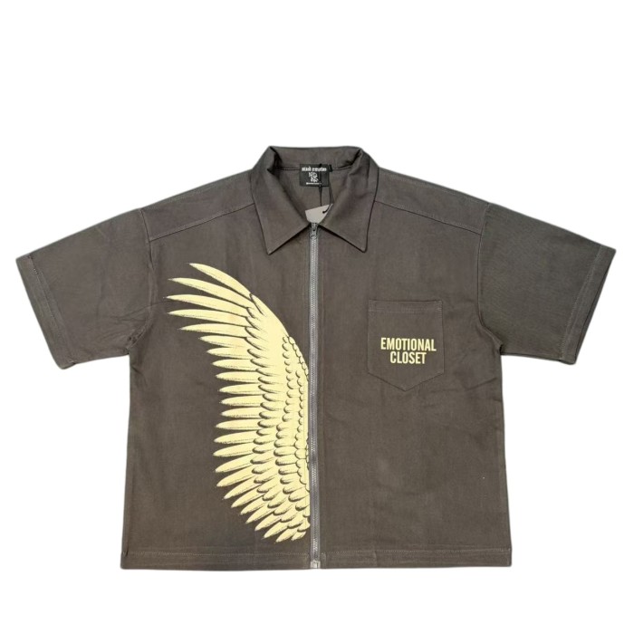 Wing Print Zip-Up Shirt Zip-Up Brown Cotton Oversized Shirt 2 colors 28977953