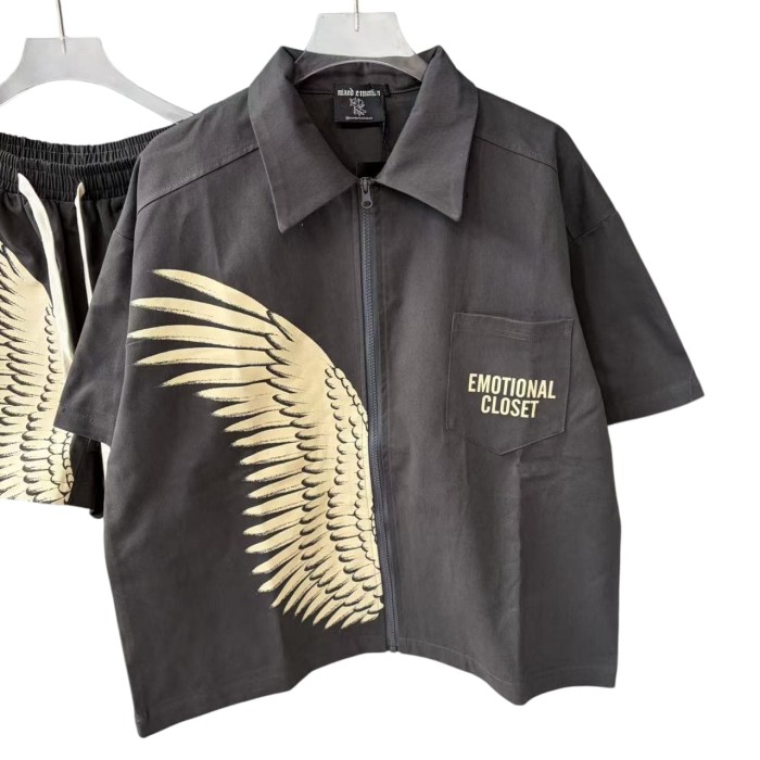 Wing Print Zip-Up Shirt Zip-Up Brown Cotton Oversized Shirt 2 colors 28977953