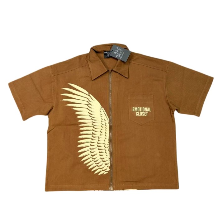 Wing Print Zip-Up Shirt Zip-Up Brown Cotton Oversized Shirt 2 colors 28977953