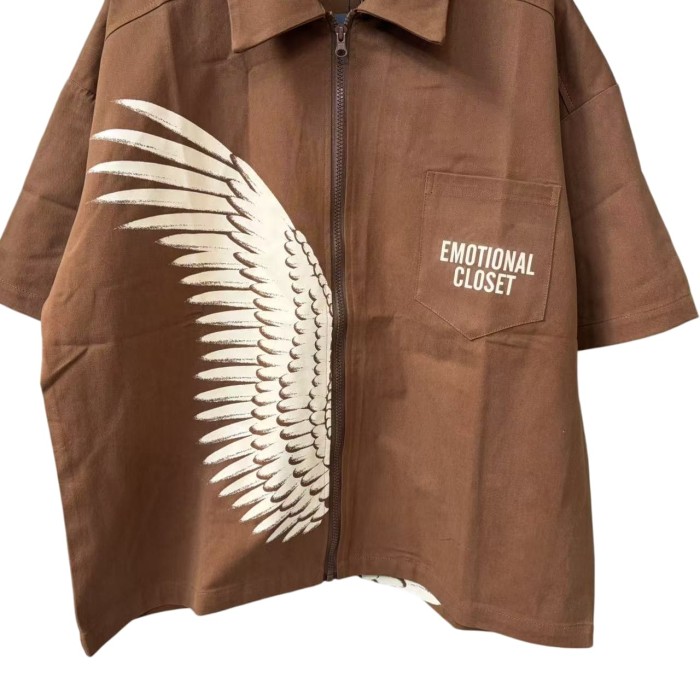 Wing Print Zip-Up Shirt Zip-Up Brown Cotton Oversized Shirt 2 colors 28977953