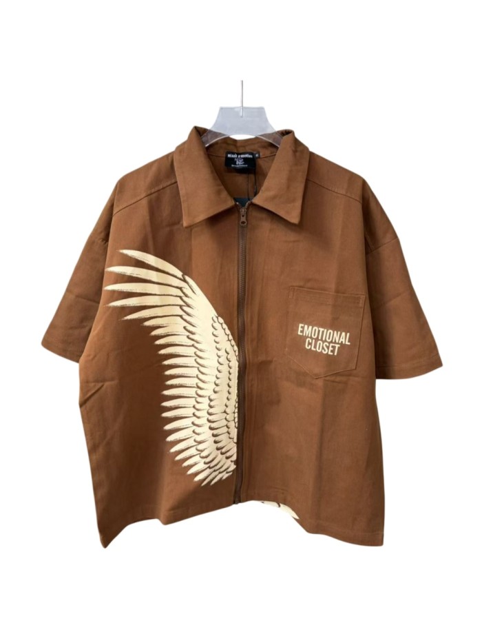 Wing Print Zip-Up Shirt Zip-Up Brown Cotton Oversized Shirt 2 colors 28977953