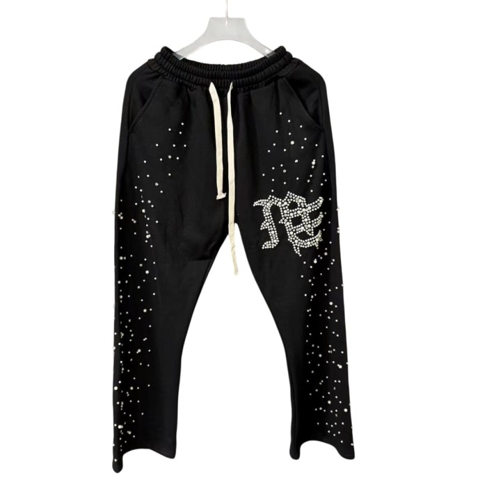 Rhinestone Gothic Letter Print Sweatpants Black Drawstring Streetwear Pants 28978896