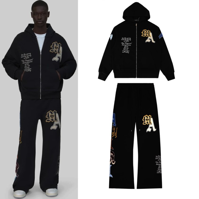 Vintage Gothic Letter Print Black Hoodie & Wide Leg Sweatpants Set 28979077