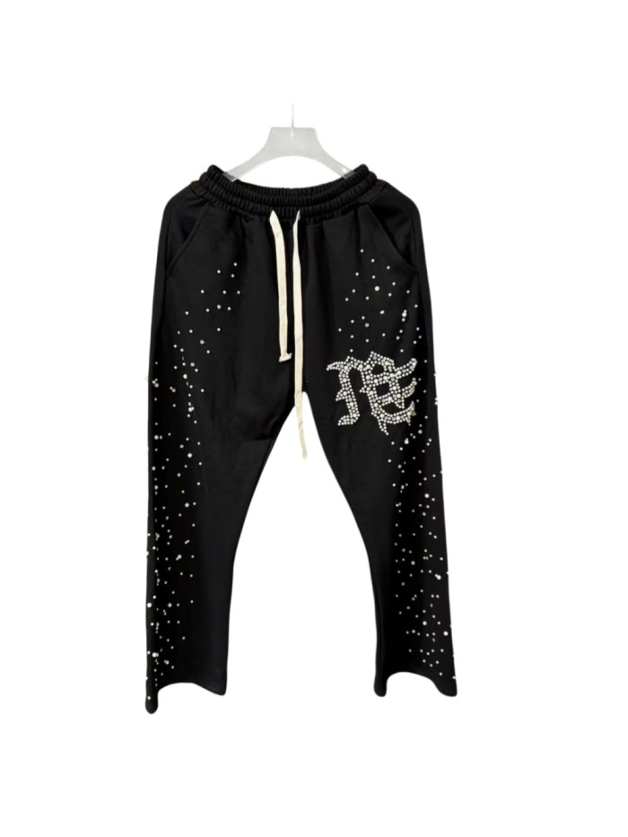 Rhinestone Gothic Letter Print Sweatpants Black Drawstring Streetwear Pants 28978896