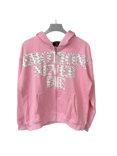 Unisex Pink Rhinestone Letter Print Zip-Up Hoodie 28978894