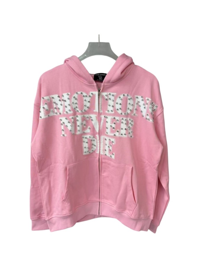 Unisex Pink Rhinestone Letter Print Zip-Up Hoodie 28978894