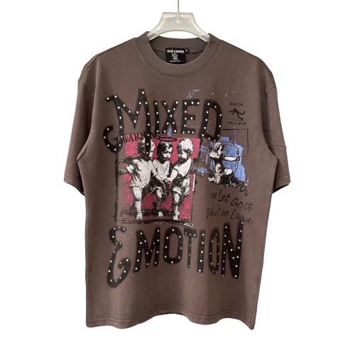 Rhinestone Angel Print T-Shirt -Letter Vintage Dark Brown Washed tee 28978803