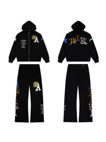 Vintage Gothic Letter Print Black Hoodie & Wide Leg Sweatpants Set 28979077