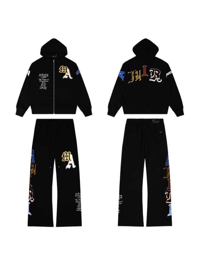 Vintage Gothic Letter Print Black Hoodie & Wide Leg Sweatpants Set 28979077