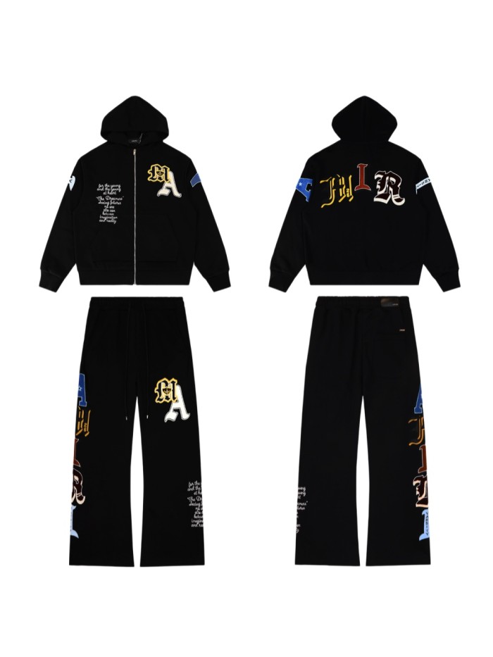 Vintage Gothic Letter Print Black Hoodie & Wide Leg Sweatpants Set 28979077