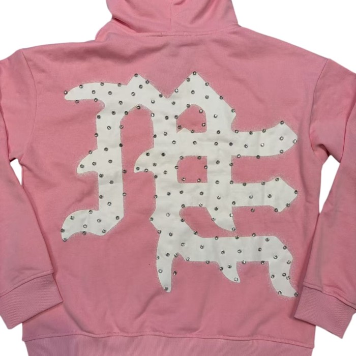 Unisex Pink Rhinestone Letter Print Zip-Up Hoodie 28978894