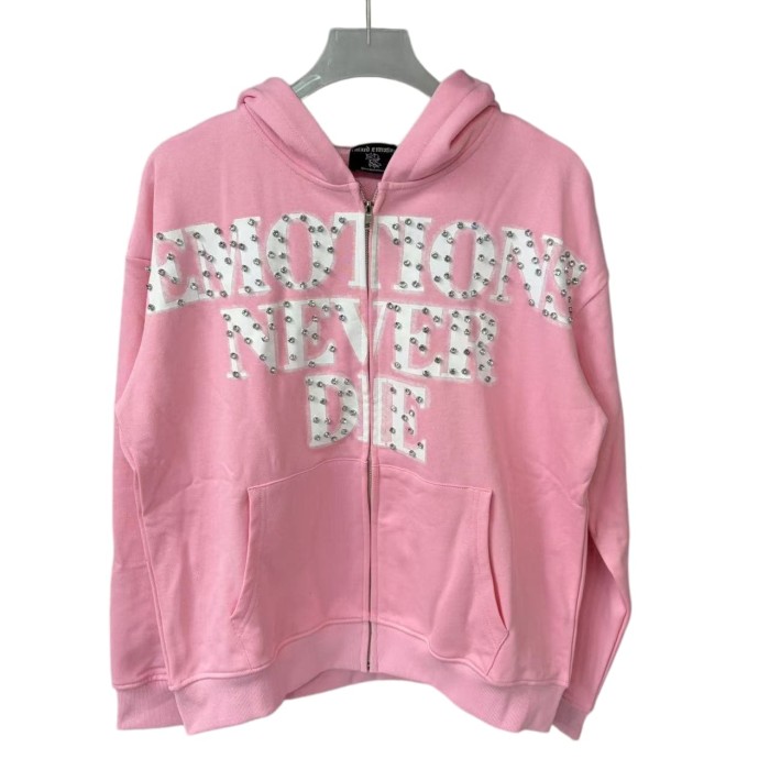 Unisex Pink Rhinestone Letter Print Zip-Up Hoodie 28978894