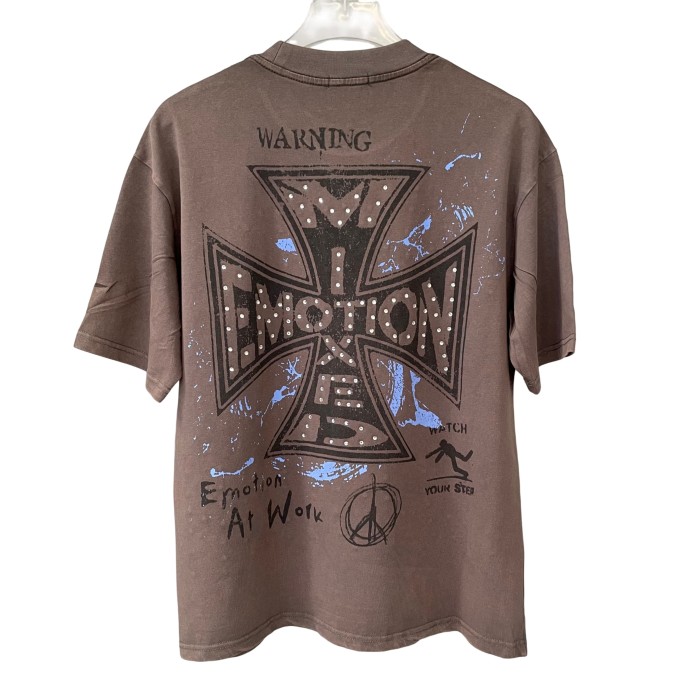 Rhinestone Angel Print T-Shirt -Letter Vintage Dark Brown Washed tee 28978803