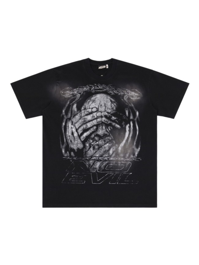 No Evil kull With Covered Eyes Print Washed T-Shirt Tee 28979130