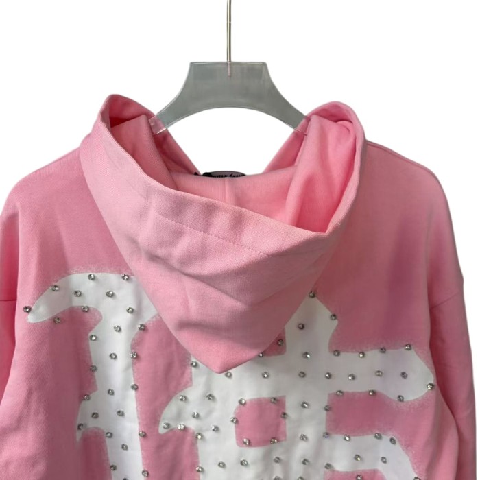 Unisex Pink Rhinestone Letter Print Zip-Up Hoodie 28978894