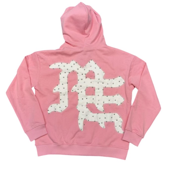 Unisex Pink Rhinestone Letter Print Zip-Up Hoodie 28978894