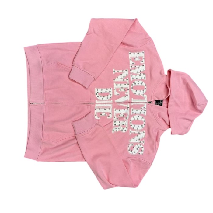 Unisex Pink Rhinestone Letter Print Zip-Up Hoodie 28978894