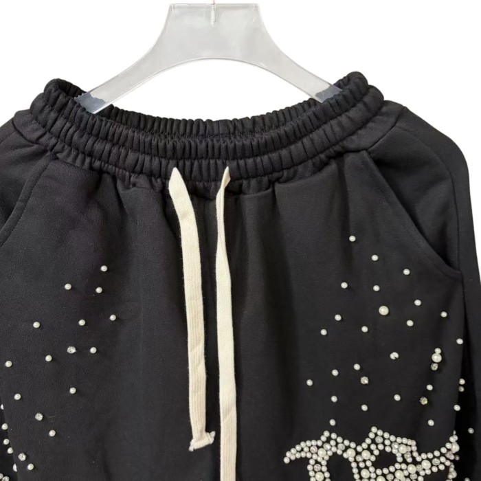 Rhinestone Gothic Letter Print Sweatpants Black Drawstring Streetwear Pants 28978896