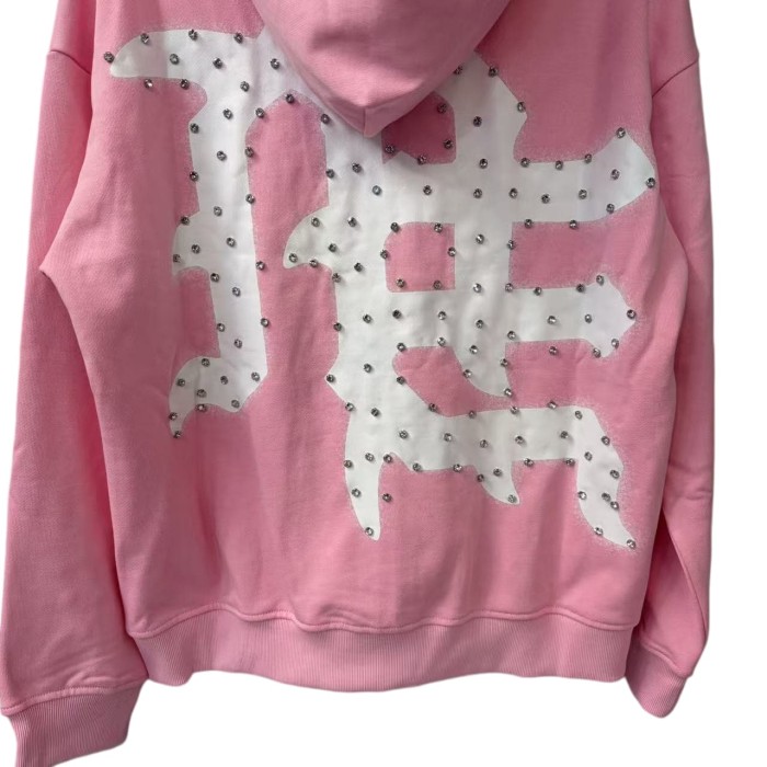 Unisex Pink Rhinestone Letter Print Zip-Up Hoodie 28978894