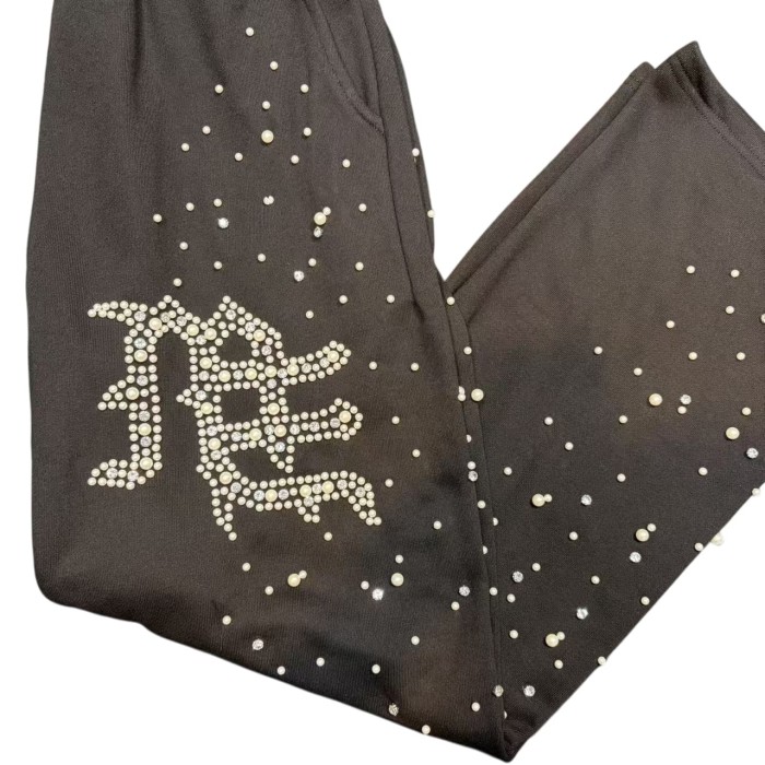Rhinestone Gothic Letter Print Sweatpants Black Drawstring Streetwear Pants 28978896