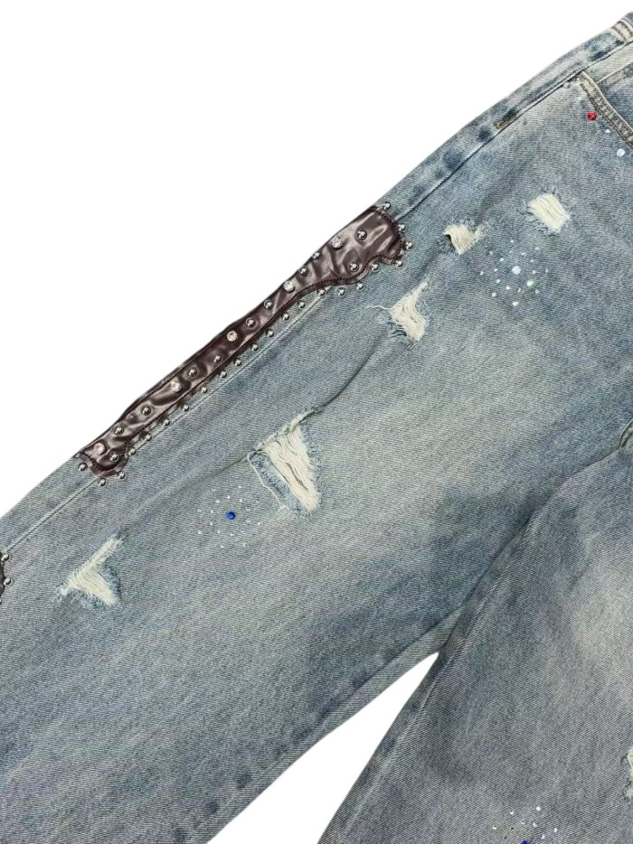 1:1 quality version Washed Light Blue Rhinestone & Studded Leather Patches Baggy Jeans 28996260