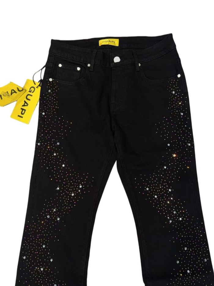 1:1 quality version Y2K Black Starburst Rhinestone High Waisted Flare Leg Denim Jeans 28996267