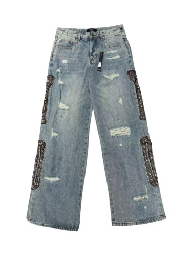 1:1 quality version Washed Light Blue Rhinestone & Studded Leather Patches Baggy Jeans 28996260