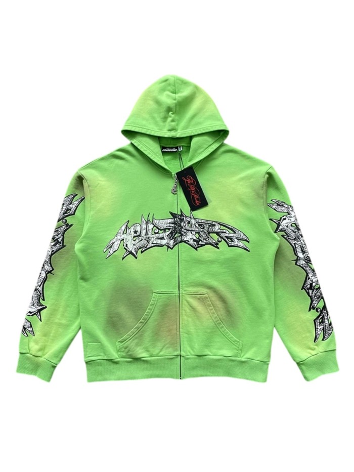 1:1 quality version Logo Graffiti Fluorescent Green Print Washed Hoodie 28996169