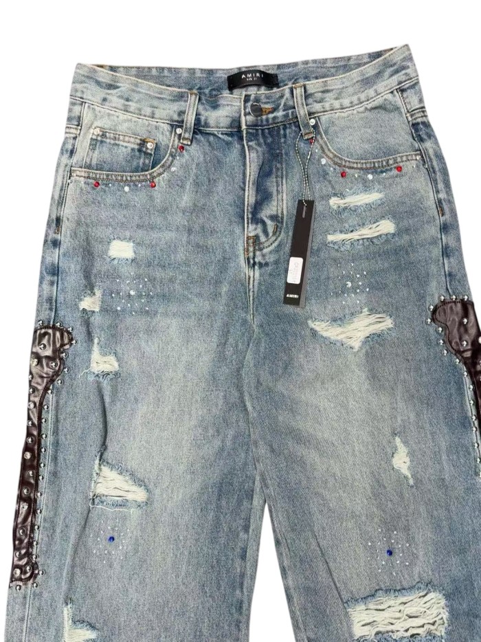 1:1 quality version Washed Light Blue Rhinestone & Studded Leather Patches Baggy Jeans 28996260
