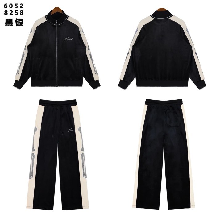 Skeleton Print Color Block Velvet Jacket & Pants Set 2 colors 28997734