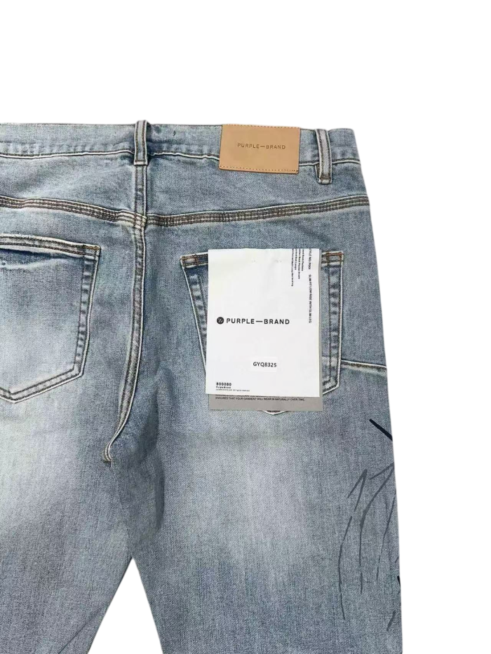 1:1 quality version light blue distressed hand-painted graffiti slim-fitting jeans 29032813