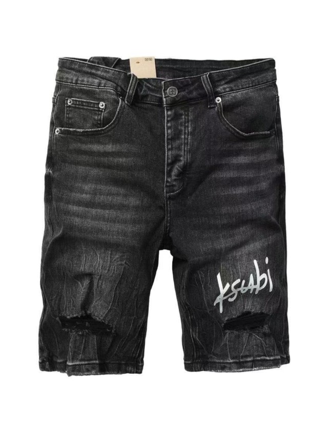 1:1 quality version High Street Style Black and Grey Distressed Ripped Denim Shorts 29032750